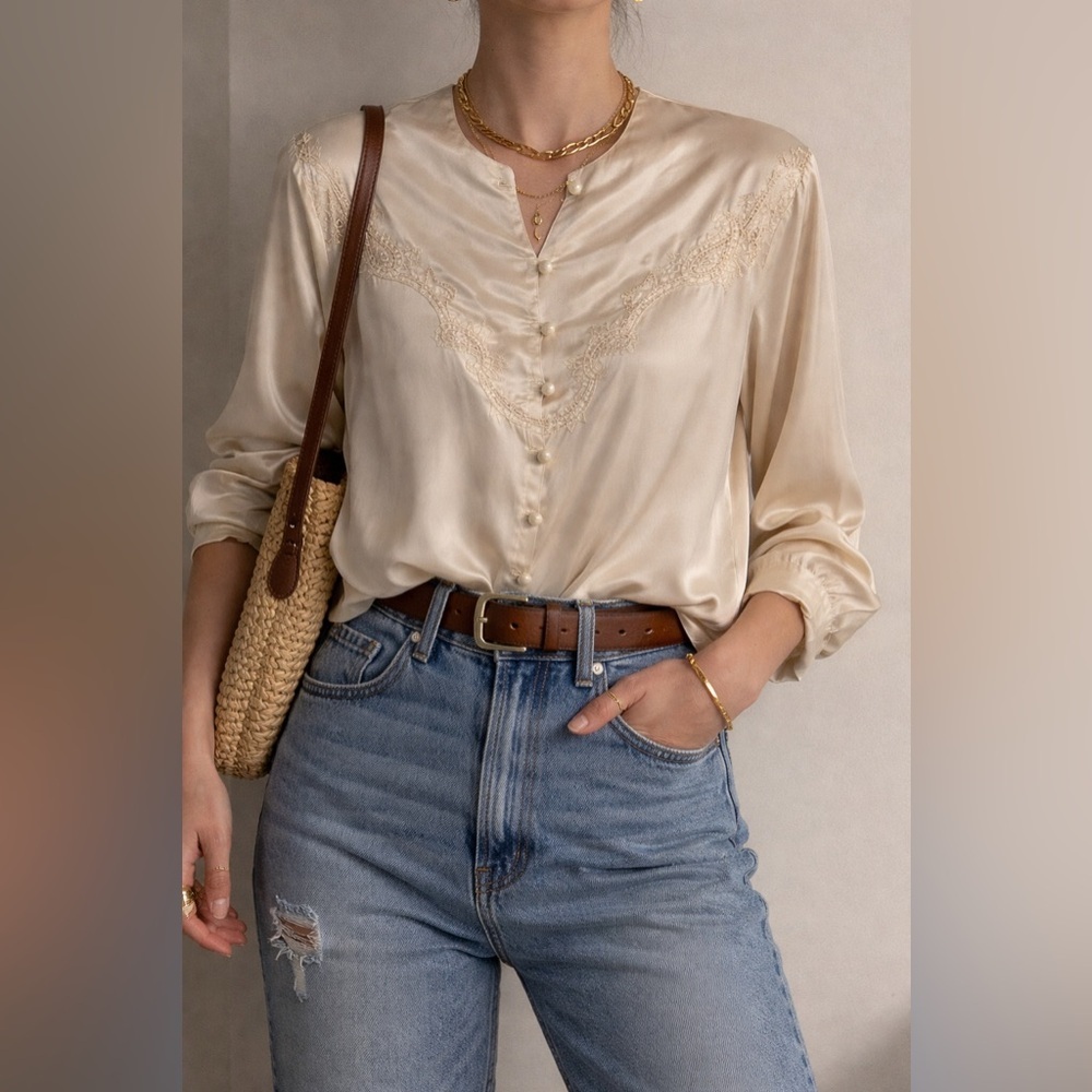 BOB MACKIE | Vintage Cream Silk Blouse with Embroidery Accents